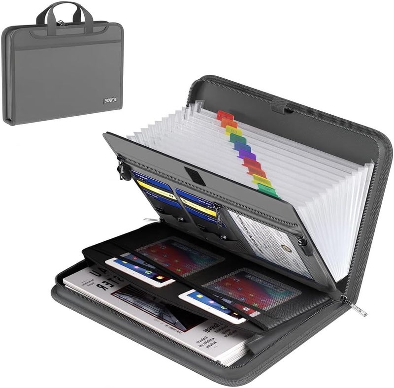 BroadFDO Fireproof Accordion File Organizer – Fireproof File Folder & Expanding Paperwork Organizer with Handle, Travel File Organizer for A4/Letter Documents, 13-Pocket (Grey) - Image 1